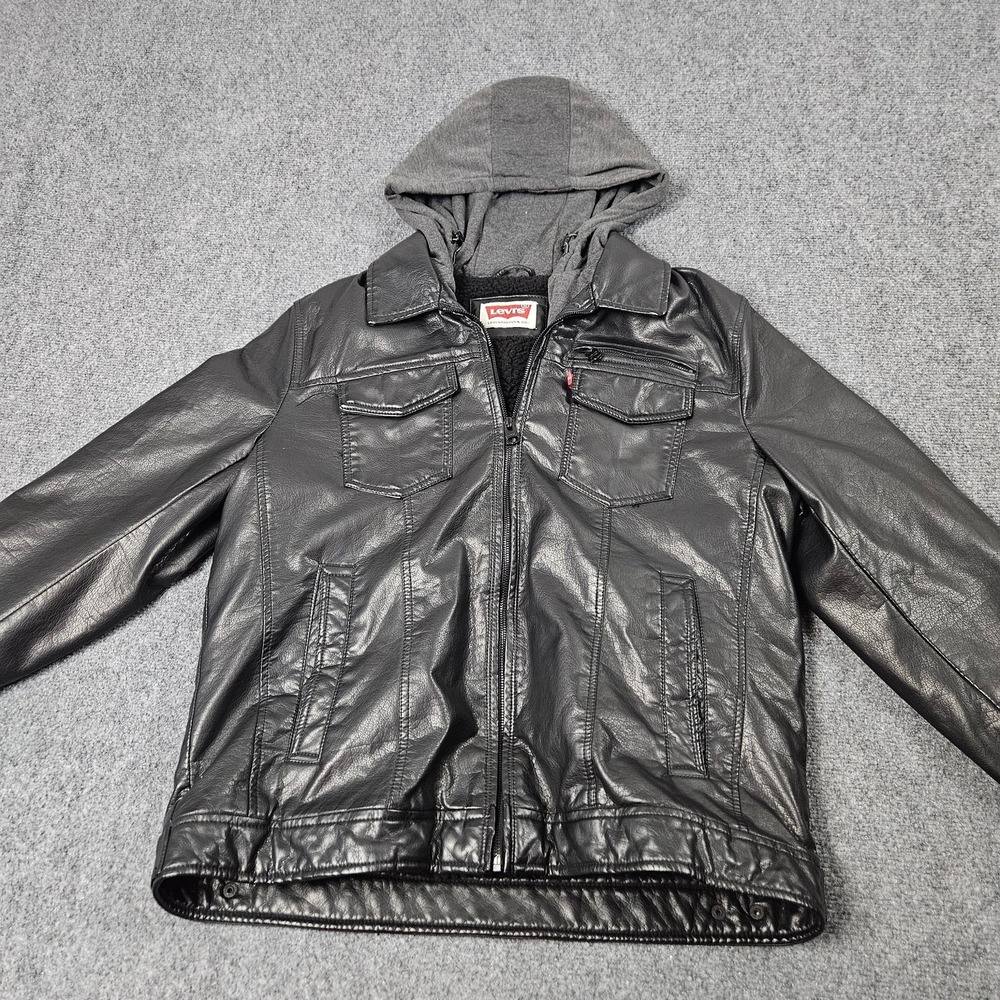Levis Faux Leather Jacket Mens L Black Hooded Sherpa Lined Trucker Moto Biker